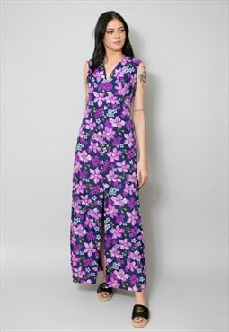70's Vintage Ladies Sleeveless Floral Purple Maxi Dress