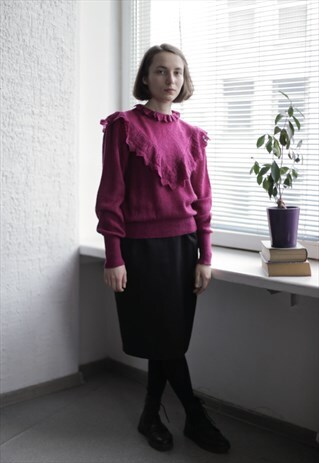 VINTAGE 70'S HOT PINK HIGH COLLAR RUFFLE JUMPER