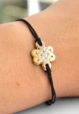 Infinity bracelet gold endless knot charm black cord for her