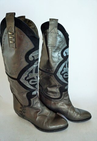 VINTAGE BLACK GENUINE LEATHER COWBOY WESTERN BOOTS SHOES