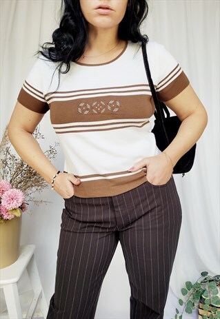 Vintage 90s brown striped knit minimalist short sleeve top