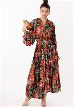 Red Green leaves Scarf print Full pleated long Shirt dress