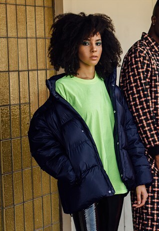 ZIP UP COLLARED BIG PUFFER BUBBLE PADDED JACKET - NAVY BLUE