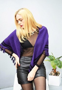 90's retro purple handknitted fringed triangle scarf poncho 