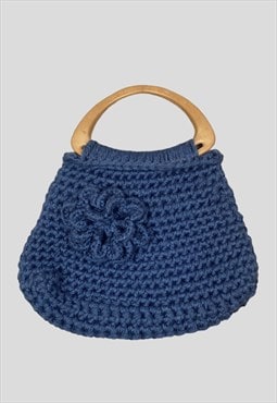 70's Blue Wool Knitted Vintage Ladies Hand Held Bag