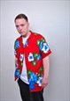 RED HAWAIIAN SHIRT, 80S VOCATION SUMMER BUTTON DOWN, FLOWERS