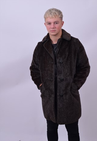 VINTAGE 60'S FAUX FUR BROWN CROMBIE COAT SIZE SMALL MEDIUM