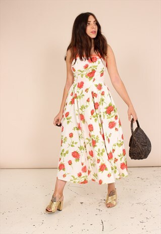 VINTAGE 50S WHITE MIDI PARTY DRESS IN ROSE PRINT