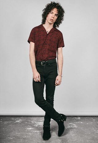 MENS RED SKULL BUTTON LEOPARD PRINT ARIZONA SHIRT