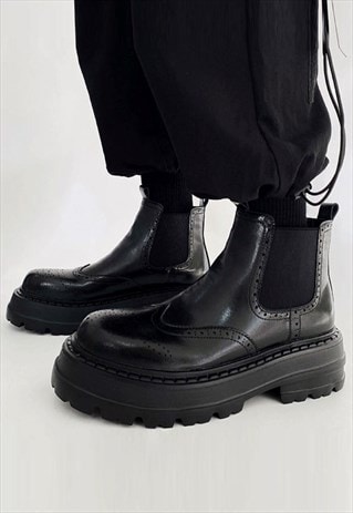 High platform brogue boots chunky sole slip on shoes black