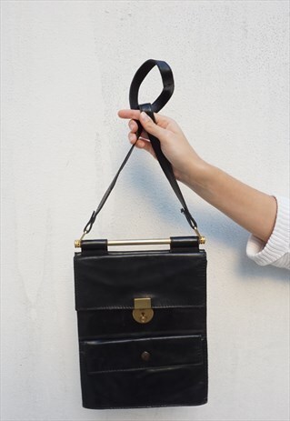 RARE VINTAGE 70S REAL BLACK LEATHER BAG WITH GOLDEN DETAILS