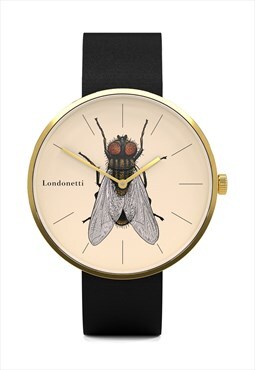 Large Gold Fly Watch Matt Black Leather Strap