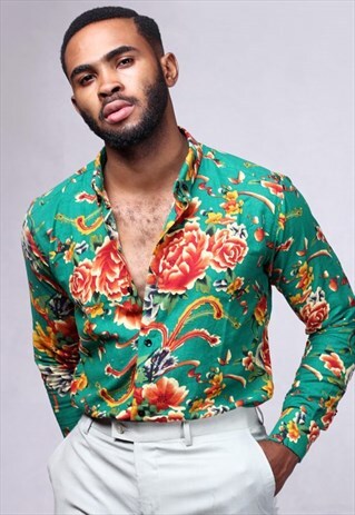 GREEN FLORAL LONG SLEEVE HAWAIIAN SHIRT