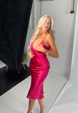The Aria - Bright Pink Satin Midi Dress With Low Back