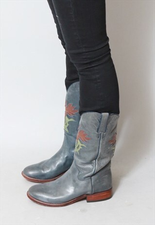 VINTAGE 1970'S BLUE FLORAL LEATHER WESTERN BOOTS