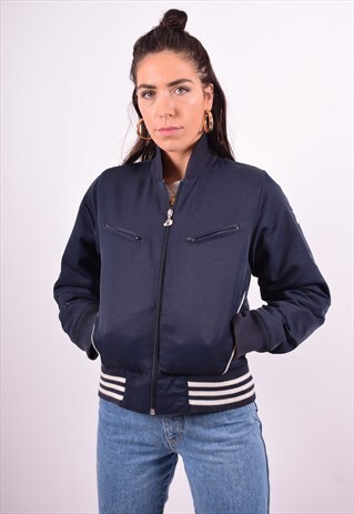 ADIDAS WOMENS VINTAGE BOMBER JACKET SMALL NAVY BLUE 90'S