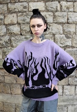 Flame knitted sweater purple fire box fit knitwear jumper