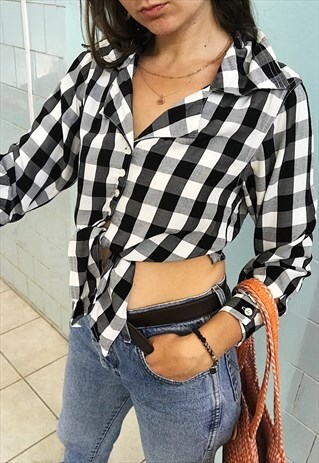 VINTAGE 80S GUESS GINGHAM CHECK TIE UP CROP TOP BLOUSE
