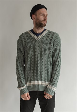VINTAGE 80S GREEN V-NECK JUMPER