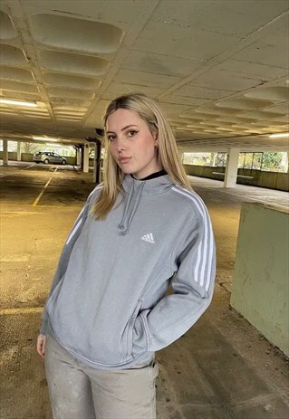 Vintage 90s Adidas Three Stripe Embroidered Grey Hoodie