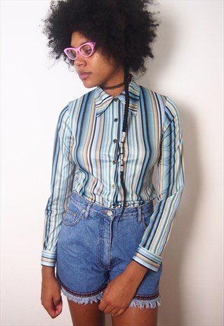 VINTAGE 70S STYLE MULTI BLUR STRIPED BLOUSE
