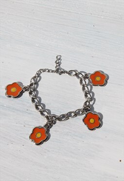 Deadstock silver/orange/yellow enamel flower charm bracelet