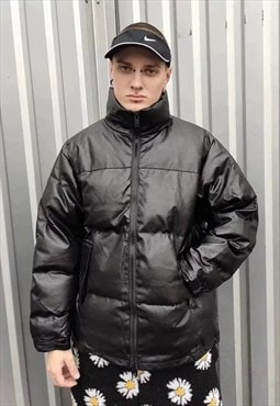 Faux leather bomber rubber padded puffer jacket in black