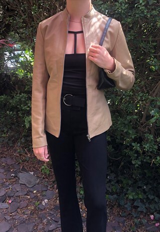 90'S/Y2K VINTAGE COLLARLESS REAL LEATHER JACKET