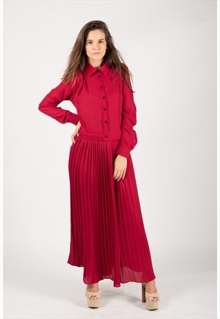 Plain burgundy color chiffon full length pleated maxi dress