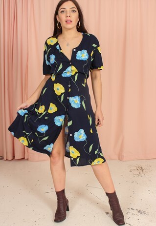 VINTAGE 80S TEA DRESS IN PINK FLORAL PRINT