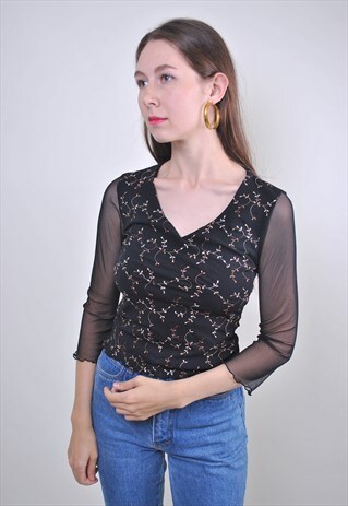 VINTAGE BLACK TRANSPARENT WOMEN BLOUSE FLORAL EMBROIDERY