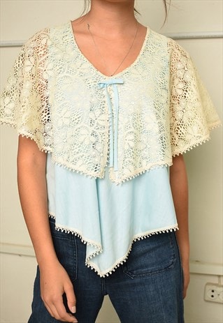 VINTAGE 50S RETRO TRIMMED PARIS CHIC LACE TOP BLOUSE