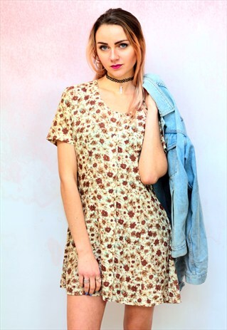 1990S VINTAGE BIEGE AND GOLDEN BROWN DITSY FLORAL MINI DRESS