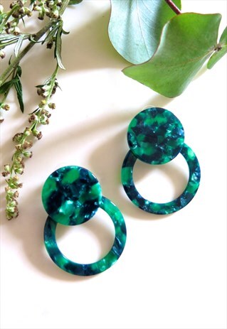 GREEN MARBLE ROUND RESIN ACRYLIC PLASTIC EARRINGS