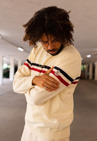 VINTAGE 90'S MONCLER JUMPER IN CREAM, RED AND BLUE