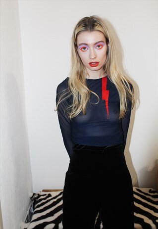 NAVY BLUE MESH CROPPED TOP WITH RED LIGHTNING BOLT MOTIF