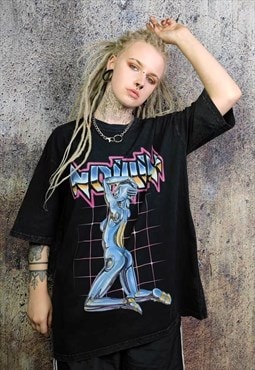 Retro robot t-shirt 80s graphic tee grunge top in acid black