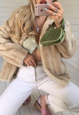 Vintage 1960s Blonde Beige Simulation Faux Fur Pea Jacket 