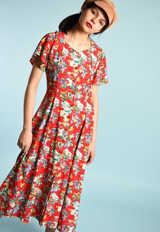 VINTAGE 90'S RETRO PARIS CHIC FLORAL PRINT MIDI TEA DRESS