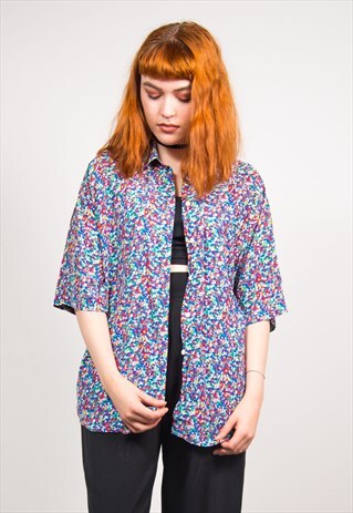 VINTAGE 90'S COLOURFUL FLORAL PATTERN SHORT SLEEVE SHIRT