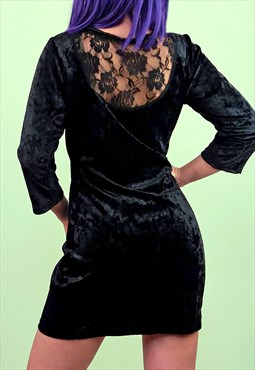 Vintage 90's Black Velvet Velour Mini Dress Lace Detail