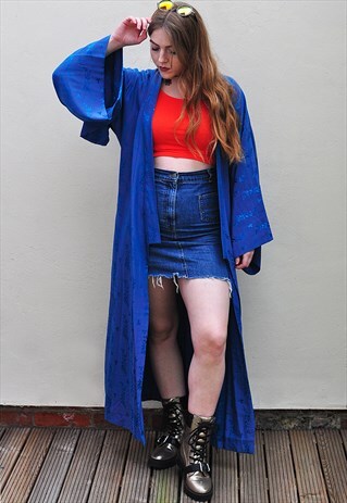 VINTAGE 70S BLUE LONGLINE FULL LENGTH FESTIVAL BOHO KIMONO