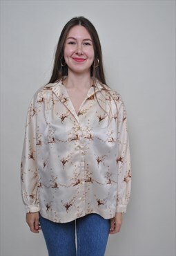 Vintage flowers blouse, cute beige floral shirt