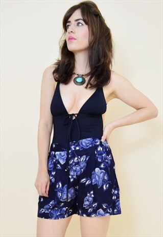 90S VINTAGE FLORAL PRINT SUMMER FESTIVAL SHORTS IN BLUE