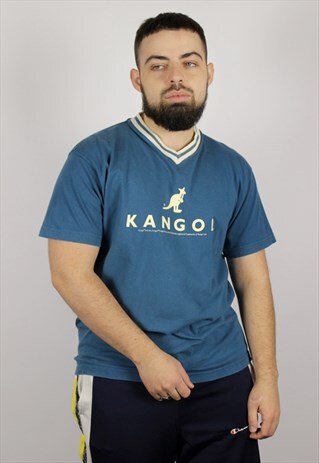 VINTAGE-KANGOL-T-SHIRT-V-NECK-BIG-LOGO-BLUE-SIZE-S