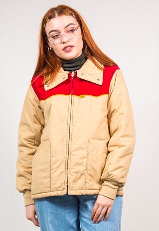 VINTAGE 70'S TAN BEIGE & RED CORD WORK JACKET