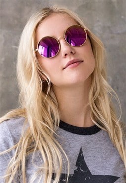 Round Lennon Mirror Sunglasses Pink Gold Frame Cute Women