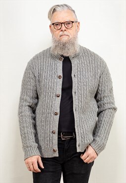 Vintage 80's Men Cable Knit Cardigan in Grey