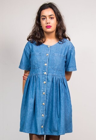 90'S VINTAGE BLUE DENIM BUTTON FRONT SMOCK DRESS