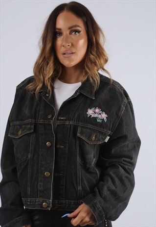 VINTAGE DENIM JACKET OVERSIZED FLORAL EMBROIDERED UK 14 (J2Y
